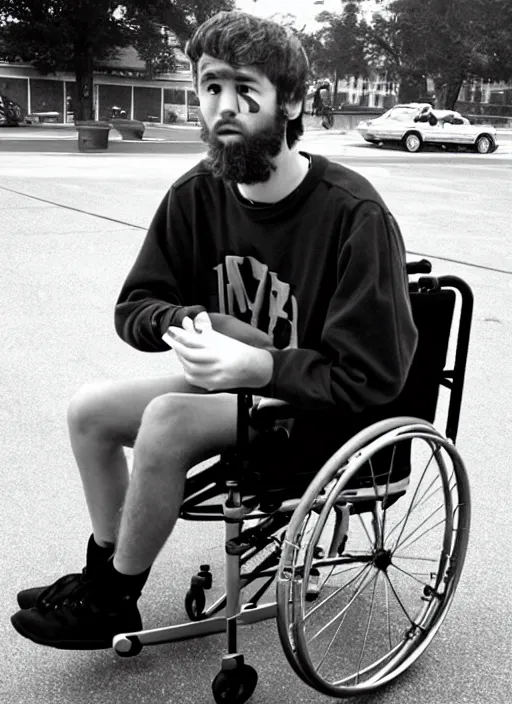 Image similar to timothy chamelet smoking a joint sitting in a wheel chair, photo, realistic