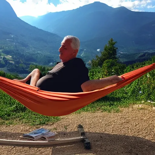 Prompt: my older italian wise friend on a hammock, reading new book, gravity is strong, he is very relaxed, muscular legs, bouncy belly, mountains in a background