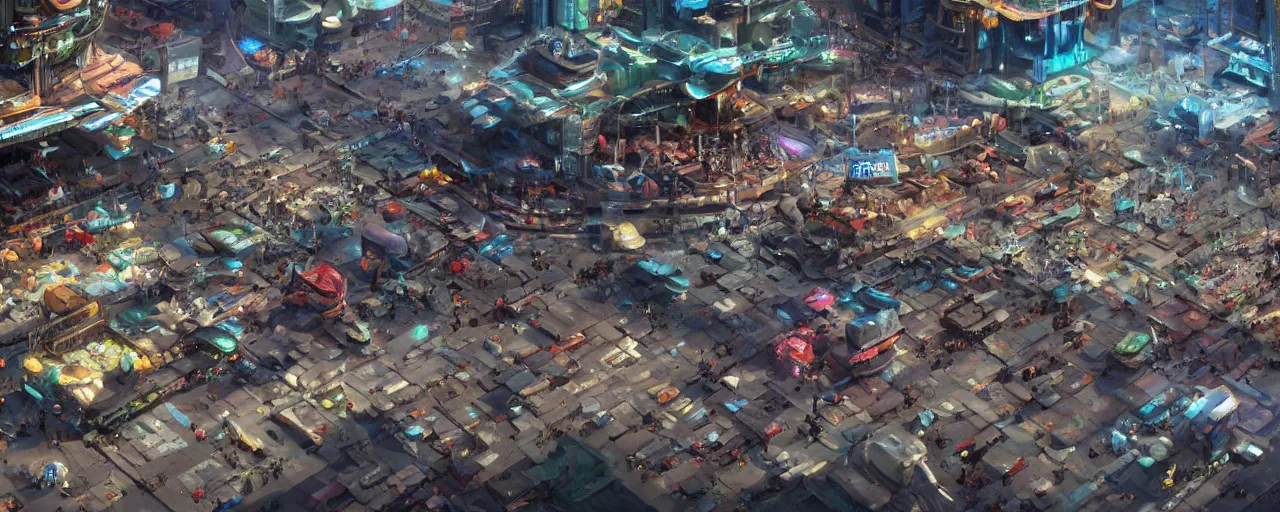 Prompt: a massive futuristic market and trading post at the center of a large advanced metropolis busy with activity lots of market signs aliens and people with a floating cars on the streets by craig mullins, neil blevins, dylan cole, james paick, hyper realistic, 8 k, vray render, artstation, deviantart,