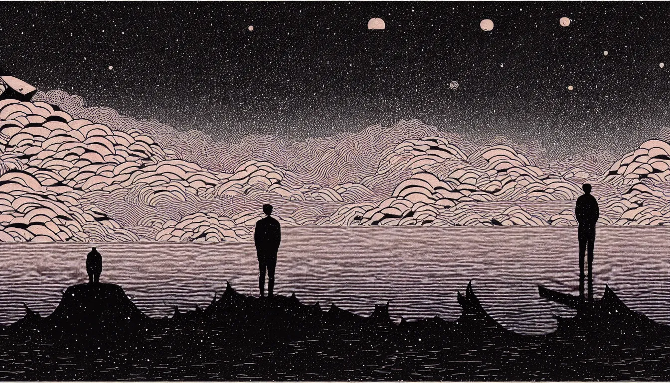 Image similar to standing in a lake looking at reflection of the night sky by woodblock print, nicolas delort, moebius, victo ngai, josan gonzalez, kilian eng