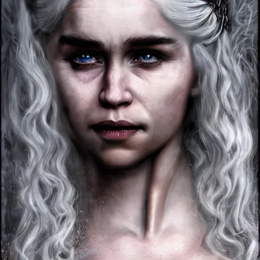 Image similar to digital matte painting of daenerys targaryen gothic, detailed face headshot dark dramatic mysterious style of luis royo, 8 0 mm camera, high detail, hd 8 k