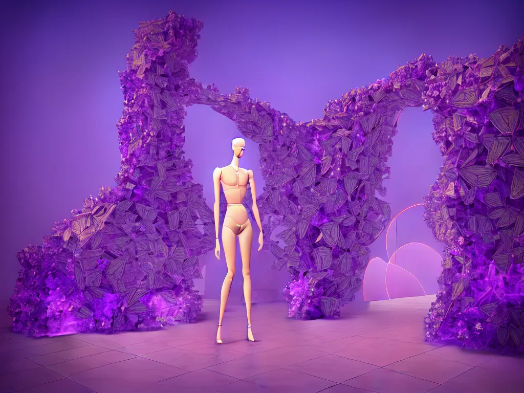 Image similar to beautiful mannequin sculpted out of amethyst by billelis + lit with 3 d geometric neon + facing a doorway opening with neon pink geometric fractal light + flowering hosta plants!!!, moon + city of los angeles in background!! dramatic, rule of thirds, award winning, 4 k, trending on artstation, photorealistic, volumetric lighting, octane render