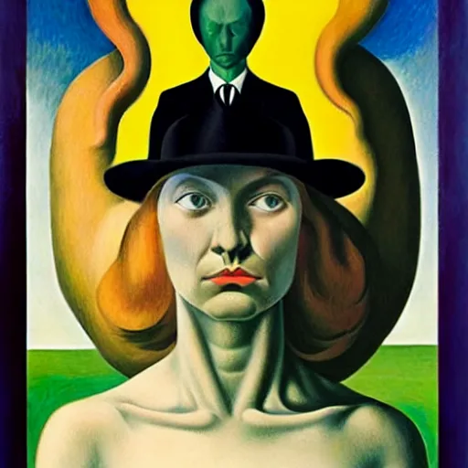 Prompt: figurative avant garde post - morden monumental dynamic portrait by magritte and edward hopper, inspired by william blake and gaugin, illusion surreal art, highly conceptual figurative art, intricate detailed illustration, controversial poster art