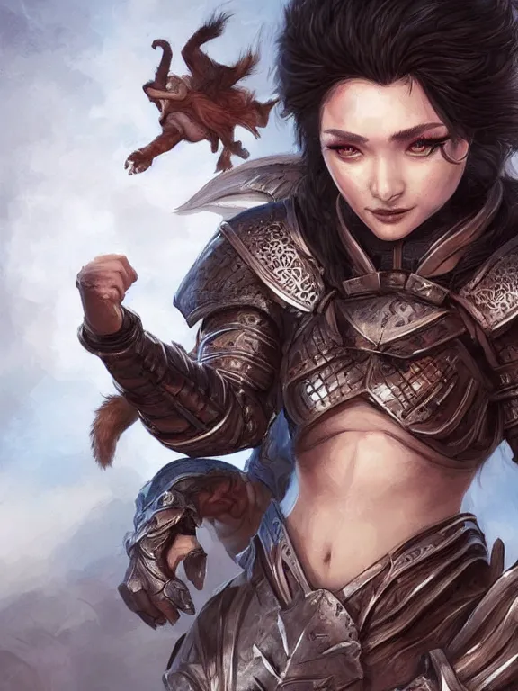 Image similar to a beautiful hyper realistic detailed epic concept art showing a noble knight women with her fist up and her spirit raccoon gradian above her, by artgerm, charlie bowater and harumi hironaka, in the style of dragon age, featured on artstation