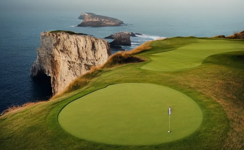 Image similar to a great photograph of the most amazing golf hole in the world, incredible light, cliffs by the sea, perfect green fairway, human perspective, ambient light, 5 0 mm, golf digest, top 1 0 0, fog