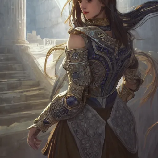 Image similar to portrait knights of Zodiac girl, silver and ice color reflected armor, in ruined Agora of Athens, ssci-fi, fantasy, intricate, very very beautiful, elegant, golden light, highly detailed, digital painting, artstation, concept art, smooth, sharp focus, illustration, art by tian zi and WLOP and alphonse mucha