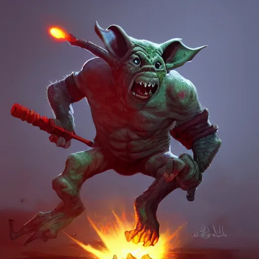 Prompt: a goblin throwing a haphazard bomb at the viewer, style of BalanceSheet, trending on artstation, high detail, epic, masterpiece, blue lighting