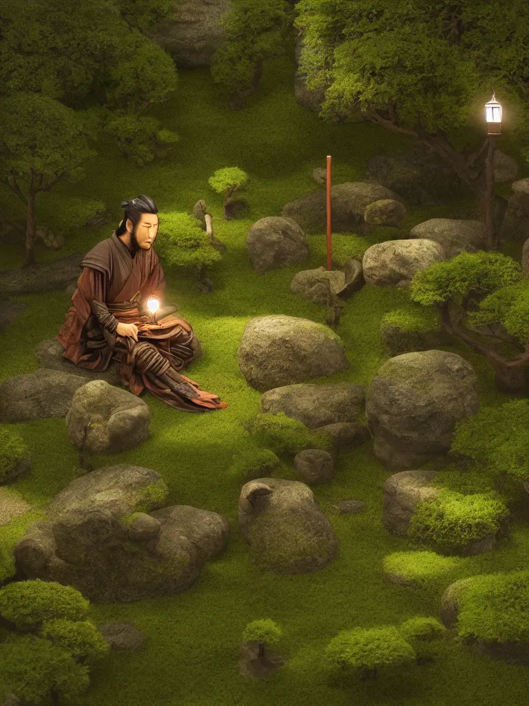 Image similar to cinematic late evening scenery of a ancient samurai with highly detailed face and closed eyes, sitting in contemplation in the middle of a miniature japanese zen garden, cherry blossom trees, mossy stones, a small lit latern, moody vanishing light, cinematic, hyperdetailed, artstation, deviantart, hyperdetailed, 4K