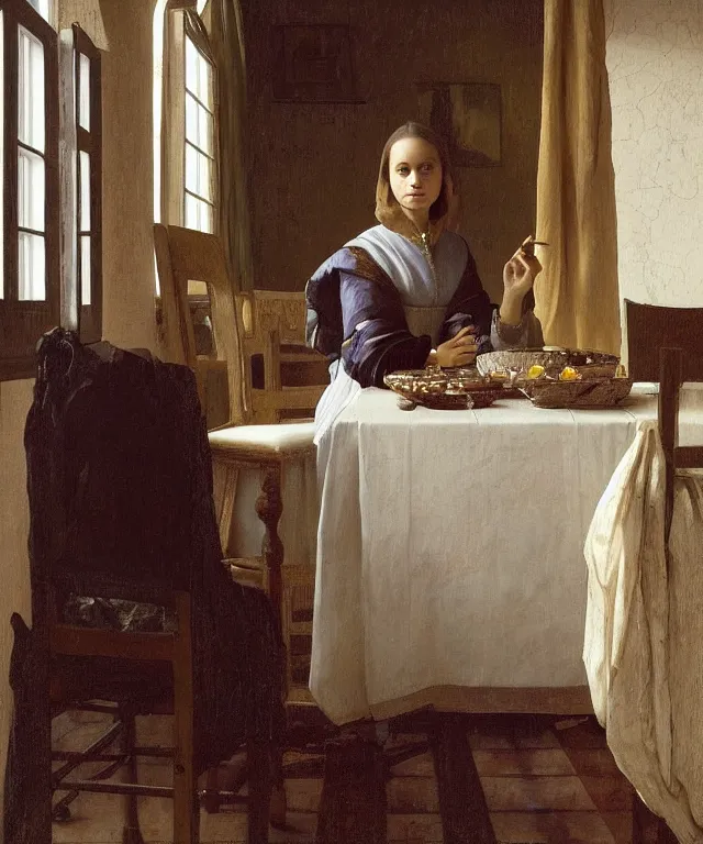 Image similar to a highly detailed, beautifully lit portrait of a pretty, young alicia vikander alba sitting at a table by an open window, oil painting portrait by vermeer and bouguereau