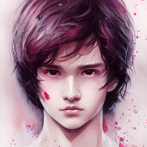 Image similar to young boy, black hair, serious eyes, pink eyes, gorgeous, amazing, delicate, elegant, intricate, highly detailed, watercolor, portrait, artstation, concept art, sharp focus, illustration, art by charlie bowater and Ross tran