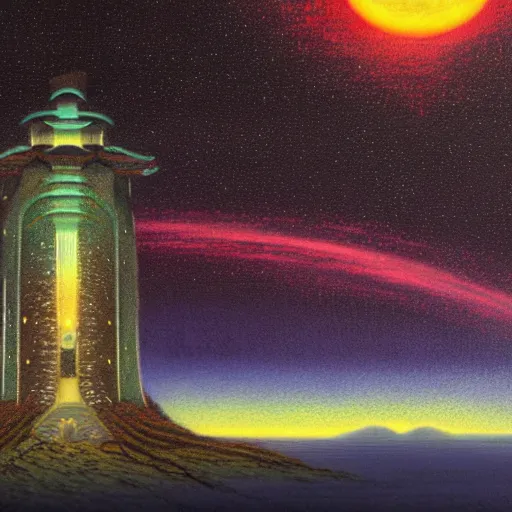 Prompt: a landscape pastel in the style of noriyoshi ohrai of an ancient holy tower, it has iridescent mana radiating from it. it is centered. the background is the starry sky at night. key art. 4 k retrofuturistic fantasy