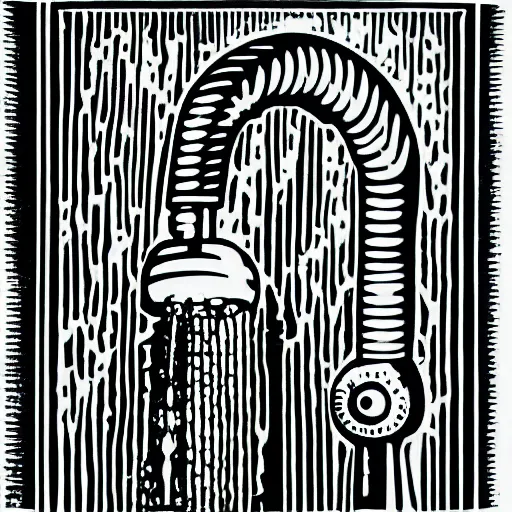 Image similar to black and white linocut of a leaky bathroom faucet dripping water