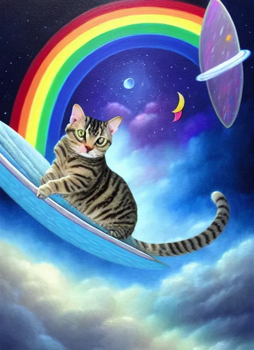 Image similar to a chubby tabby cat surfing on a rainbow in outer space, diffuse lighting, fantasy, intricate, surrealism!!!!, highly detailed, lifelike, photorealistic, digital painting, artstation, illustration, concept art, smooth, sharp focus, by greg rutkowski, chris tulloch mccabe, valentina remenar and asher duran,
