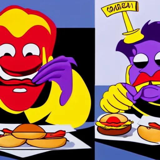 Prompt: Grimace and Ronald McDonald eating a burger while KFC King is bound and gagged in the corner