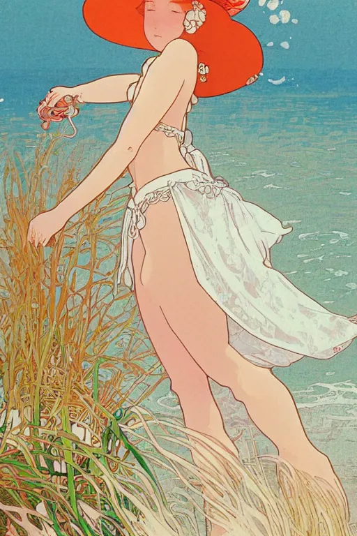 Prompt: A girl in a white lacy bikini and white sun hat and Holding a heart-shaped lifebuoy, jumping for joy,long orange hair floating on air ,Smooth visual lines,graphic Design by mucha and Waves and splashes,beach by studio ghibli