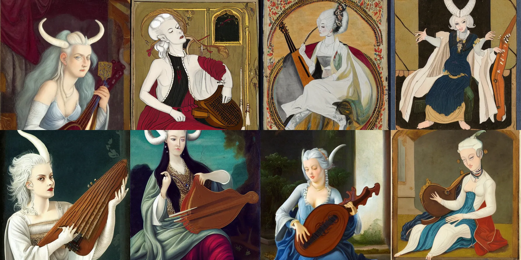 Prompt: A female changeling with white hair and two short goat horns coming out of her forehead. She is wearing nice royal robes, and is playing a lute.