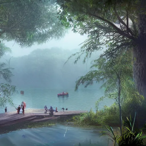 Prompt: Misty lake in the middle of the jungles, 8k, detailed, concept art, trending on artstation