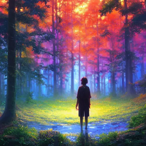 Image similar to A ultra detailed beautiful panting of a rainbowed fire of life, healing a fantastic forest, oil panting, high resolution 4K, by Ilya Kuvshinov, Greg Rutkowski and Makoto Shinkai