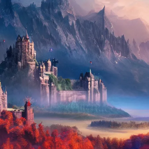 Prompt: A beautiful image of a fantasy landscape with towering mountainst and small castles scattered along a deep valley, 4k