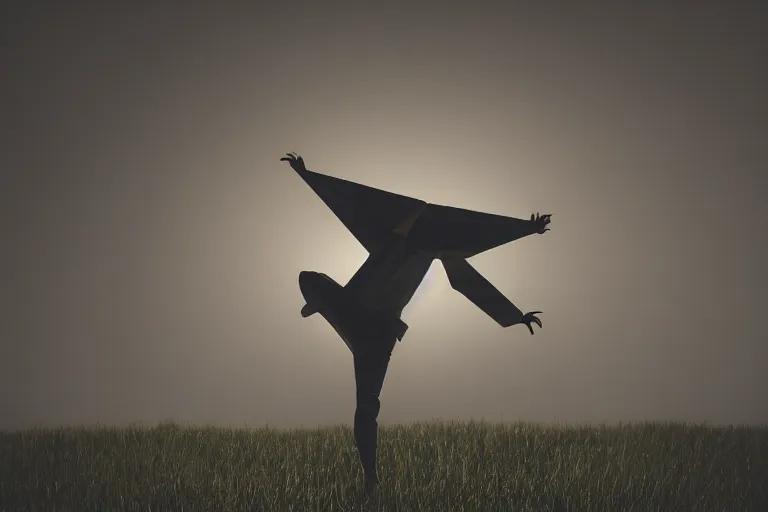 Image similar to a man made of origami dancing, dramatic lighting, with bokeh effect in a sunny meadow