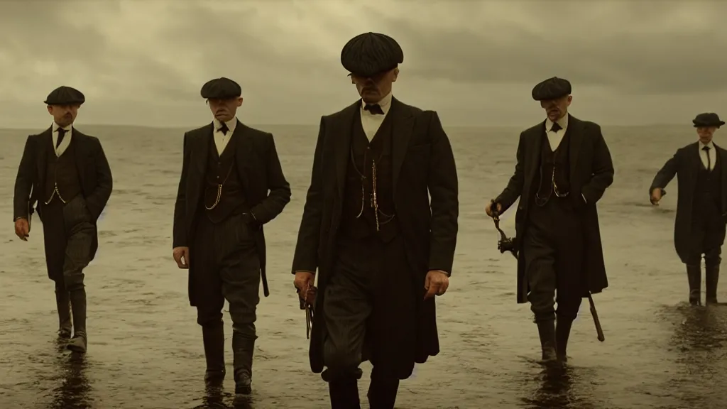 Image similar to the peaky blinders shrimps coming out of the ocean film still from the movie directed by denis villeneuve with art direction by zdzis