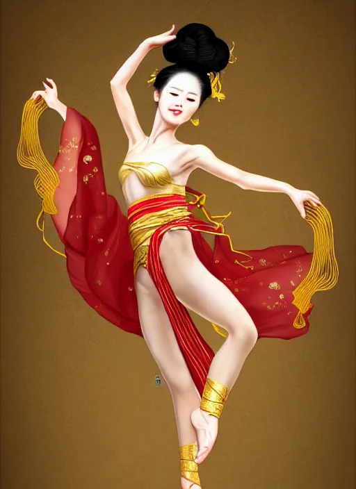 Image similar to full body portrait of a dancer throwing silk belts, feet, barefoot, full body, vivacious, extremely beautiful, gold jewelry, hanfu, chinese ribbon dance, wide ribbons, silk belt, ming dynasty, detailed, realistic face, anatomically accurate, fantasy art, ghostblade, wlop.