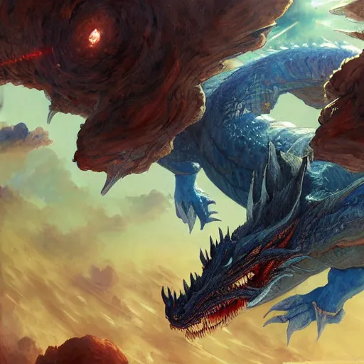 Image similar to Humongous blue scaled dragon devouring an earth like planet while flying in space, sun system, behemoth, nebula, oil painting, by Fernanda Suarez and Edgar Maxence and Greg Rutkowski