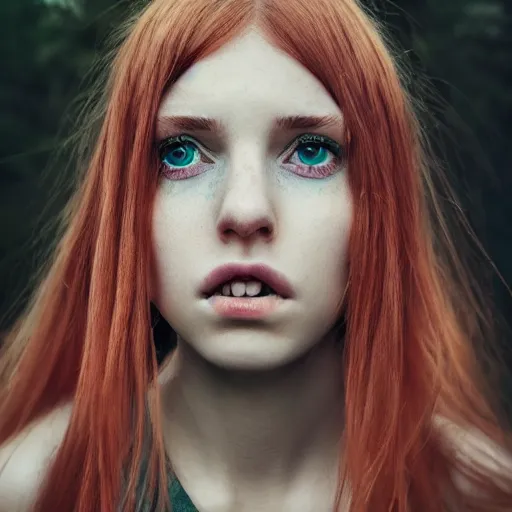 Prompt: a portrait photograph of a female by Alessio Albi, beautiful full face, symmetrical face, artstation, deviantart, hyperrealism, green eyes, long red hair,a small nose