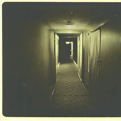 Image similar to a terrifying fungus zombie at the end of a hallway, dark!, creepy, nightmare fuel!!!, horror, horrifying, unsettling, uncanny valley!, old polaroid, expired film,