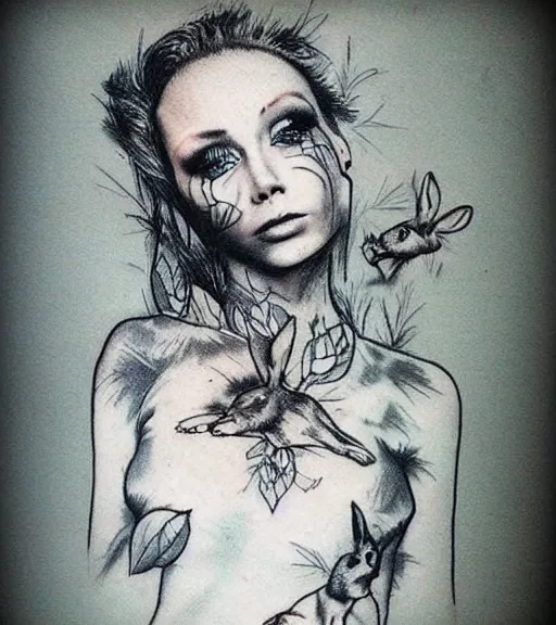 Prompt: realism tattoo sketch of a isabelledeltore face double exposure nature scenery with rabbit, in the style of matteo pasqualin, amazing detail, sharp, faded