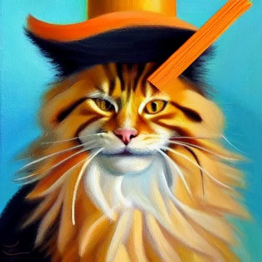 Image similar to Beautiful Oil painting of an orange Maine-coon with a white beard. wearing a wide-brimmed straw sombrero sombrero