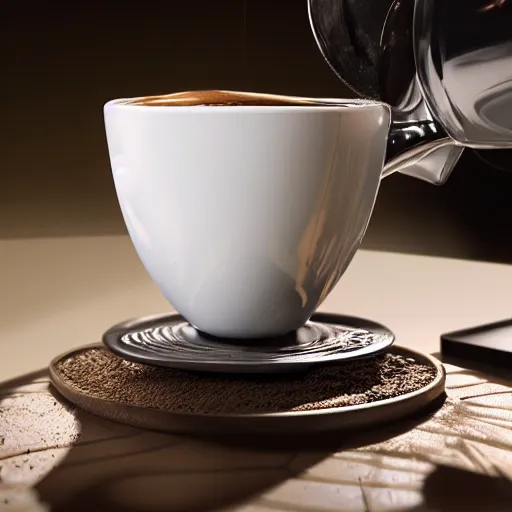 Image similar to a closeup photorealistic photograph of barista drawing bichon frise shaped latte art in a cup. professional capture, well lit shot. this 4 k hd image is trending on artstation, featured on behance, well - rendered, extra crisp, features intricate detail, epic composition and the style of unreal engine.