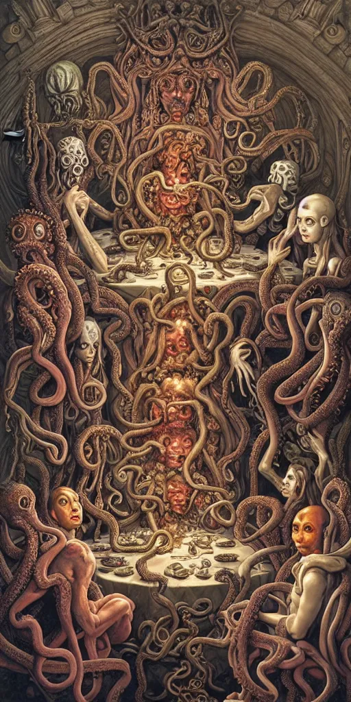 Image similar to group of mages in human bodies with octopus or medusa heads sitting near the table and arguing in an ancient mage castle with enormous scale, gothic and baroque, brutalist architecture, ultradetailed, Intricate by James Jean and Josan Gonzalez and John Howe and Giuseppe Arcimboldo