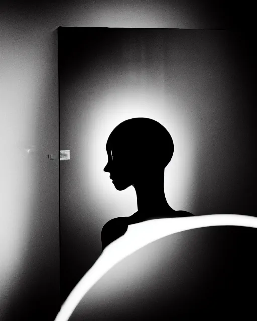 Image similar to black and white high quality photo of a female AI-cyborg-doll looking into a sci-fi mirror, volumetric lighting, hyperdetailed, masterpiece, elegant, dark, in the style of Man Ray,