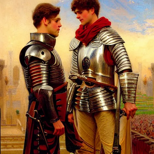 Image similar to attractive fully clothed arthur pendragon confesses his love for his attractive fully clothed male knight. highly detailed painting by gaston bussiere and j. c. leyendecker 8 k