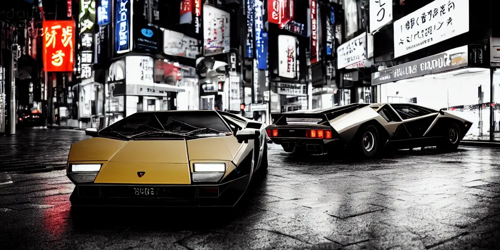 Image similar to photograph of a lamborghini countach parked in a rainy wide tokyo street at night with neon light signs illuminating the scene, sharp focus, highly detailed, ray tracing, cinematic, moody, hdr, 4 k, incredible detail