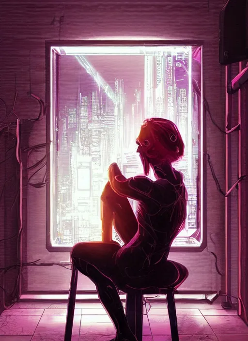 Image similar to An epic fantastic realism graphic novel cover style painting of a beautiful girl sitting on a stool in a dark room with laser light, cyberpunk, dynamic lighting by Paolo Eleuteri Serpieri