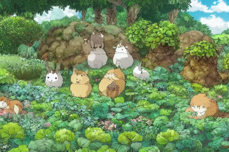 Prompt: cute fluffy creatures in the cabbage garden by studio ghibli, very high detail, 4k