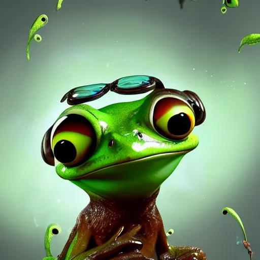 Image similar to a cartoon frog with large eyes and a fly in his head, looking up at the fly, detailed, artstation, 4 k