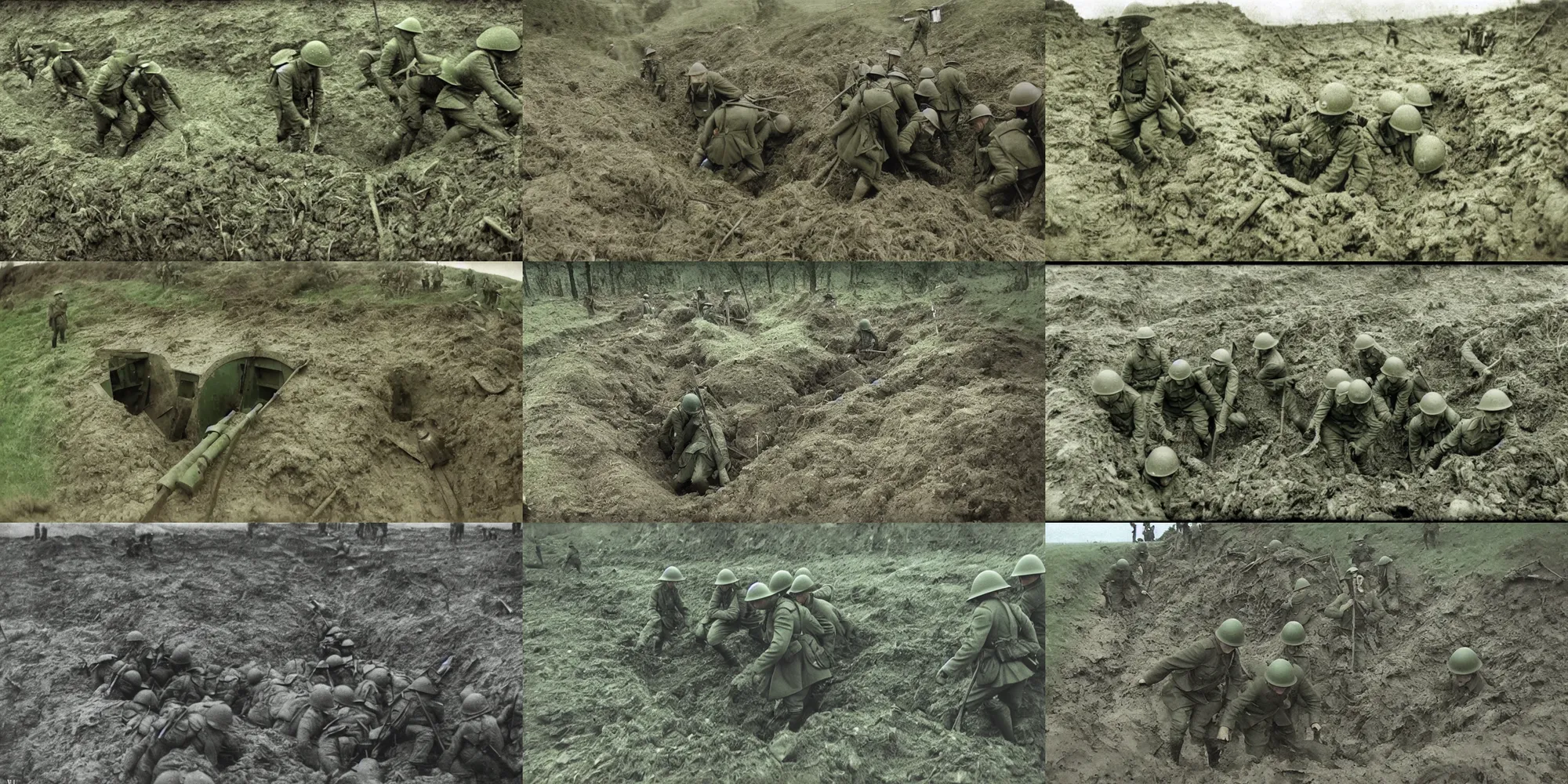 Prompt: gopro footage of ww 1 trench warfare, rain and mud, green tint