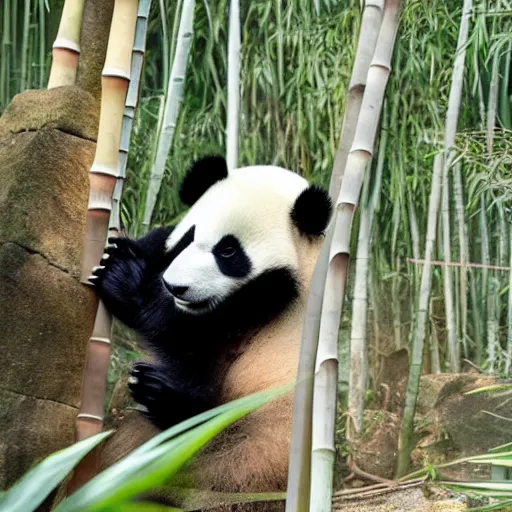 Prompt: small panda, Surrounded by a circle of bamboo