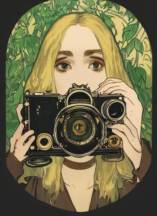 Prompt: photographer looking through a vintage camera, design on white background, beautiful details, lush foliage, gold, drawn by john singer sargent, studio ghibli, alphonso mucha, lolish, trending on artstation