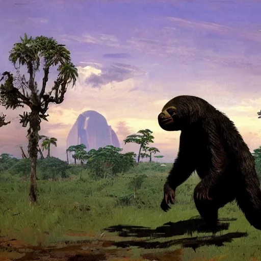 Prompt: A giant Weresloth prowling the savannahs of Pangea, by Philipp A Urlich and Isaac Levitan, early morning, Breath of the Wild