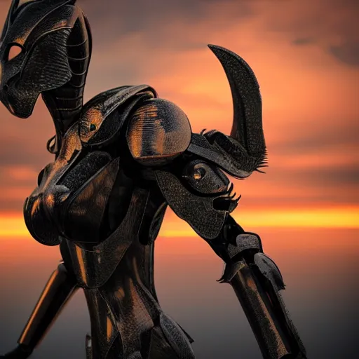 Prompt: cinematic body shot, realistic detailed stunning beautiful armored anthropomorphic female robot dragon, looking to the side with an elegant pose of hand on hip, smooth and streamlined armor and design made of steel, sharp claws and sharp teeth, high quality head, Slick LEDs, on the beach during sunset, high quality, cinematic art, sci fi, sunset lighting, 3D render, 8k, artstation, deviantart, furaffinity