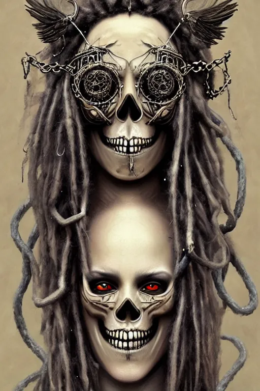 Image similar to evil angels that look like hippies with dreadlocks dancing with chains, fantasy, face with skull mask, long hair, intricate, elegant, highly detailed, digital painting, artstation, concept art, smooth, sharp focus, illustration, art by artgerm and greg rutkowski and aleister crowley