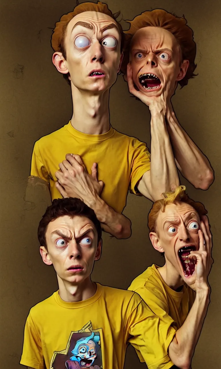 Image similar to hyper realistic grotesque portrait of an young dumb roundheaded morty, from rick and morty, worried, yellow t - shirt, portal in the background, by lee bermejo, alphonse mucha and greg rutkowski