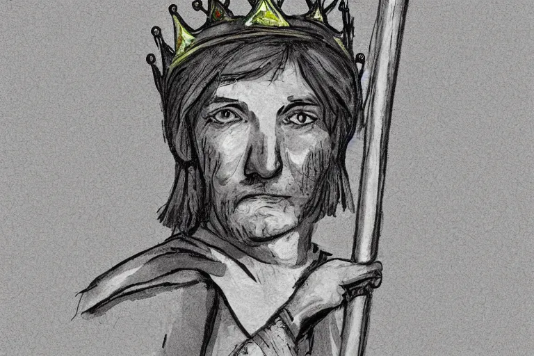 Image similar to bean holding a staff, wearing kings crown, digital art,