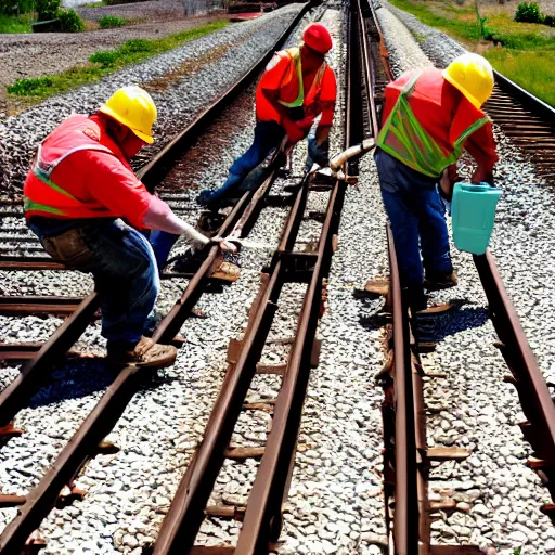 Image similar to working on train rails, hit and sunny day, very tired workers, slave, amazing deep photo, large, cool colors