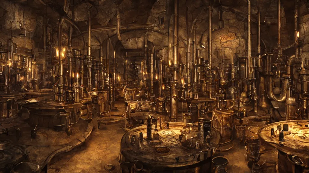 Image similar to dark wizards laboratory, ancient medieval, many tubes connecting many beakers, bronze steril feeling, realistic cinematic lighting, establishing action shot, ultra detailed, hyper realism, photo, octane render