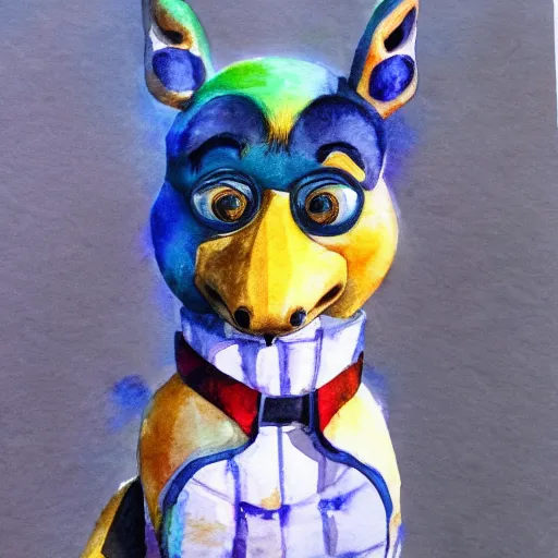 Image similar to water color on paper, chica animatronic portrait, highly detailed, artstation, masterpiece, award - winning,